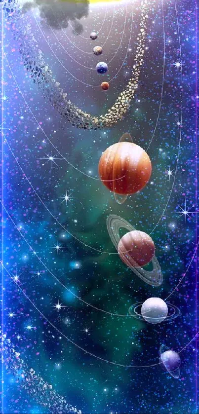 Colorful planets and stars in solar system wallpaper design.