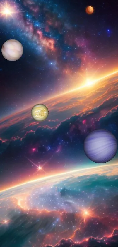 Colorful galaxy and planets mobile wallpaper.