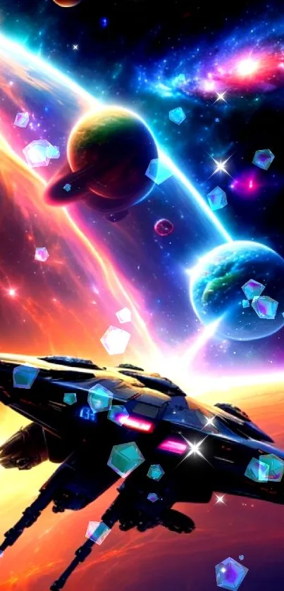 Futuristic spaceship in a vibrant galaxy scene with colorful planets.