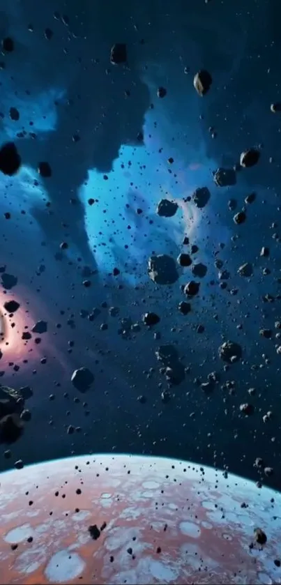 Breathtaking view of asteroids hovering over planets in deep space.