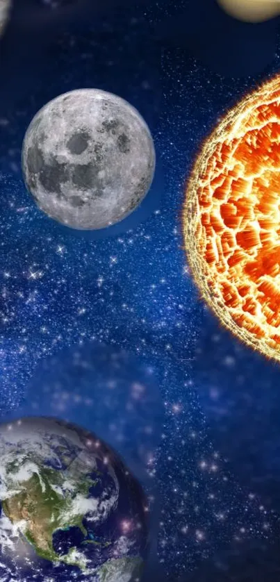 Mobile wallpaper with sun, moon, Earth, and starry sky.