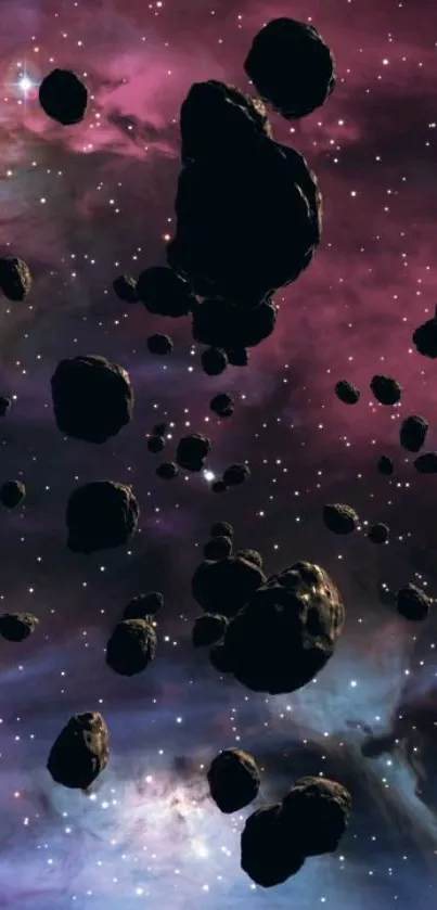 Asteroids floating in space with a purple cosmic background.