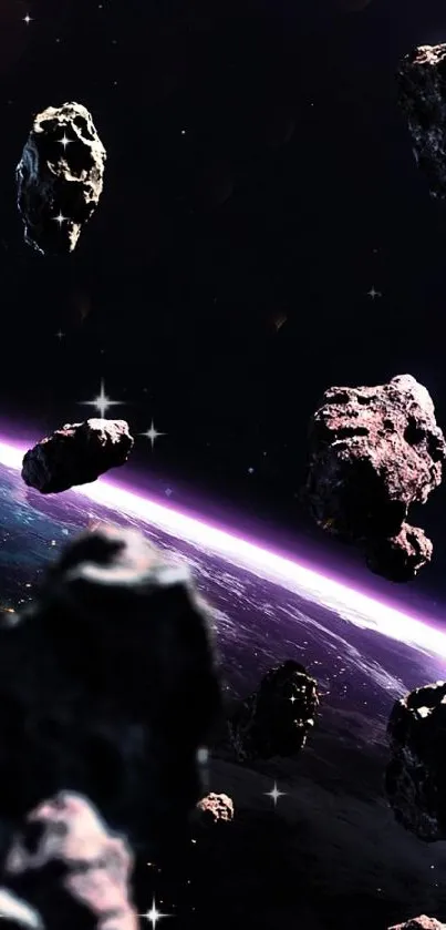 Asteroid field over Earth in space.