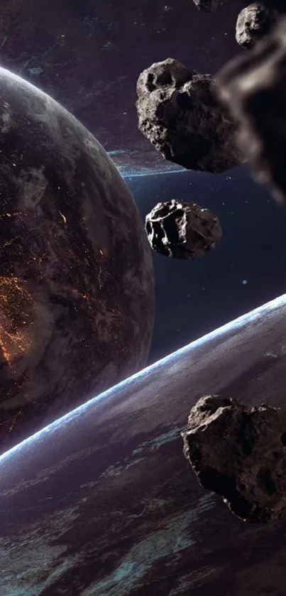 Mysterious planet surrounded by dark asteroids in deep space.