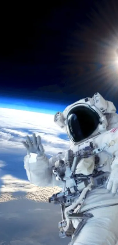 Astronaut floating in space above Earth with sunlit background.