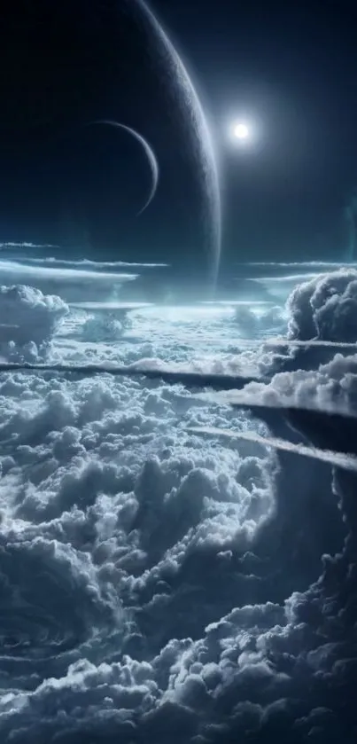 Stunning space-themed cloudscape wallpaper with planets and atmospheric depth.