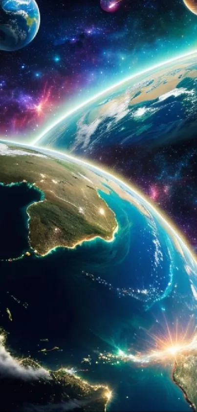 Vivid depiction of Earth and space with colorful cosmic elements.