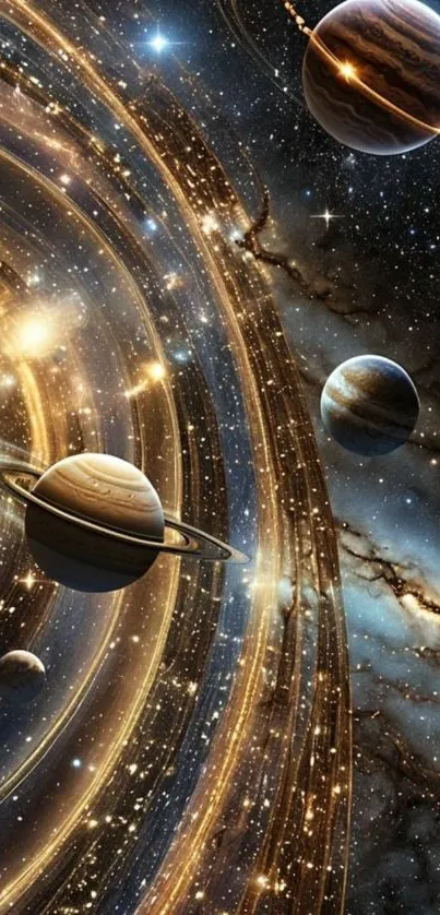 Detailed space art showing planets and galaxies.