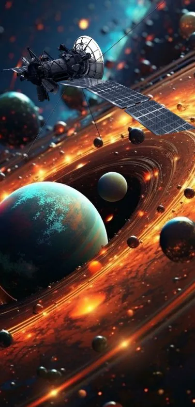 Vibrant galaxy scene with planets and satellite in space art wallpaper.