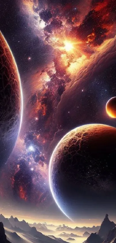 Dramatic cosmic space wallpaper with planets and galaxies.