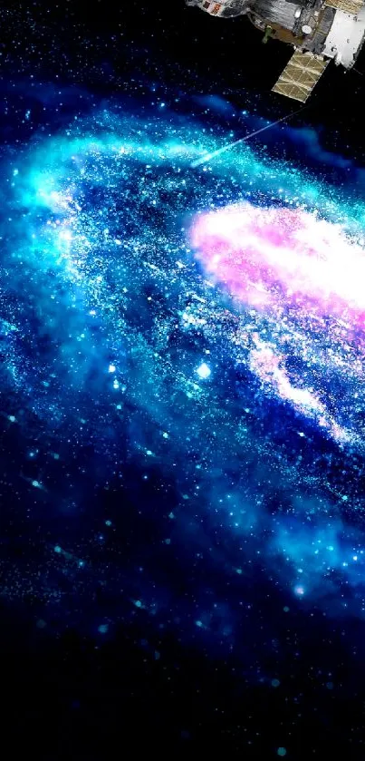 Mobile wallpaper of a colorful galaxy with a spaceship in an endless space scene.