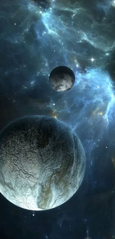 Mobile wallpaper featuring planets and stars in a cosmic galaxy scene.