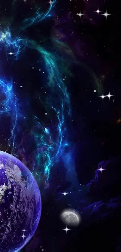 Vibrant space and galaxy mobile wallpaper with a detailed planet view.