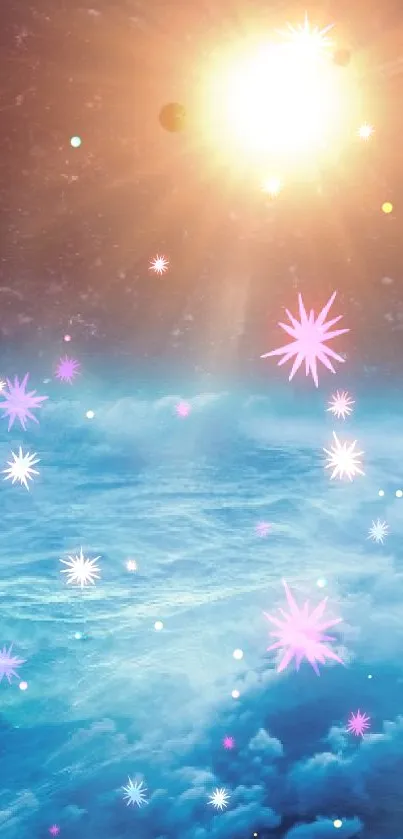 Vibrant space wallpaper with planets and star.