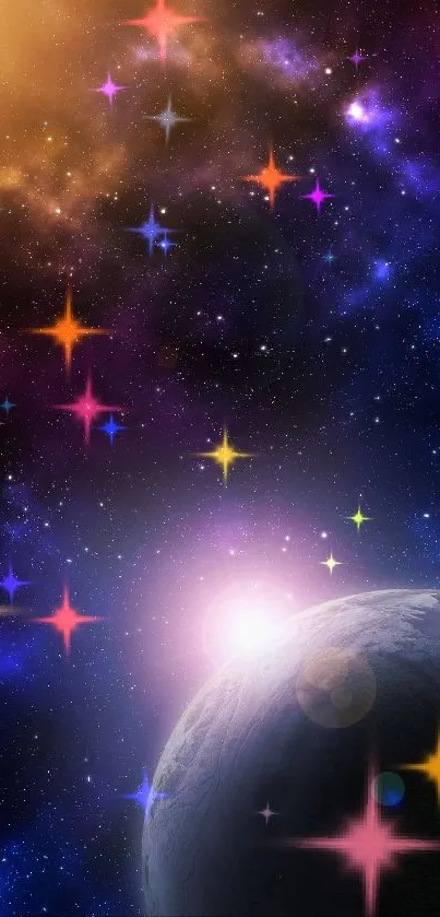 Galaxy space wallpaper with a planet and vivid nebula colors.