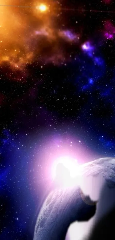 Galaxy wallpaper with planet rise against a vibrant cosmic background.