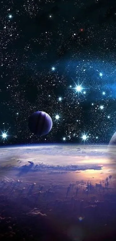 Cosmic wallpaper featuring planets and stars in deep space.