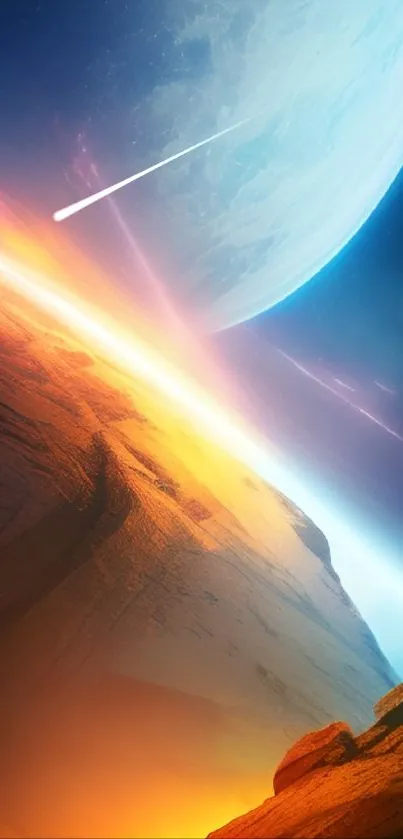 Vibrant space scene with planets and colorful skies.