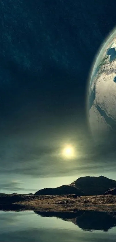 Beautiful space landscape wallpaper with planet, water reflection, and starry sky.