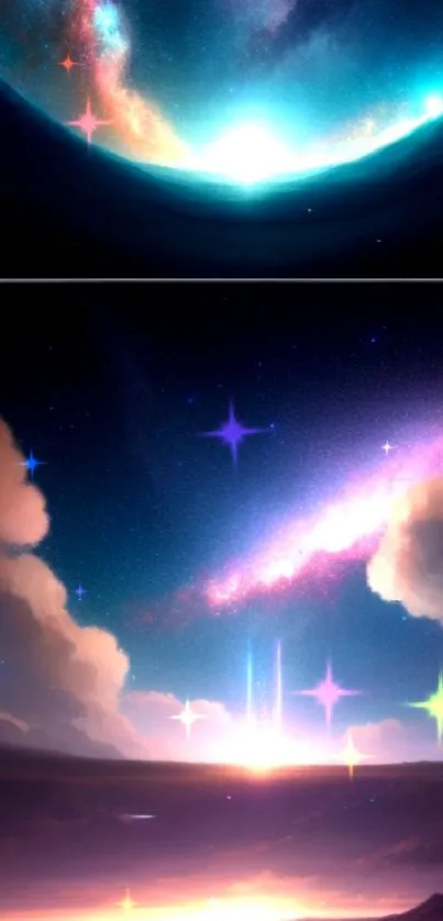 Stunning space landscape with galaxy and coastal view for mobile wallpaper.