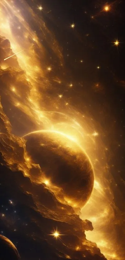Stunning golden nebula with stars in space.