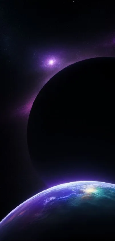 Mobile wallpaper of planets in a dark, cosmic space setting with glowing colors.