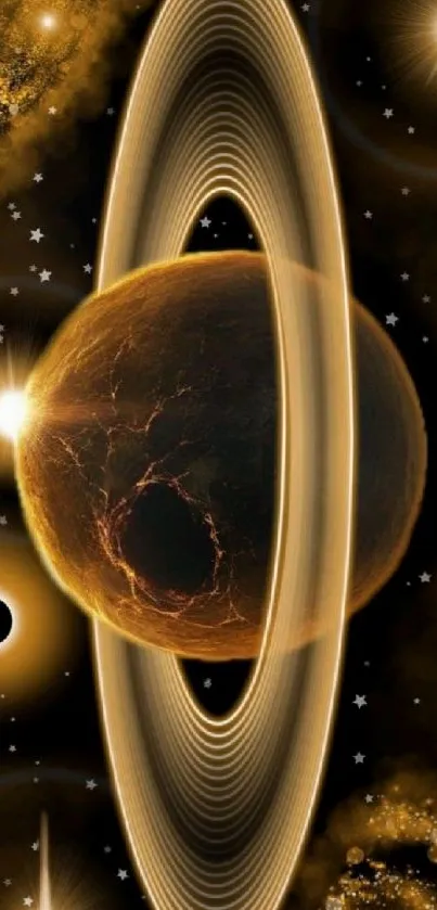 Planet with luminous rings set against a starry background.