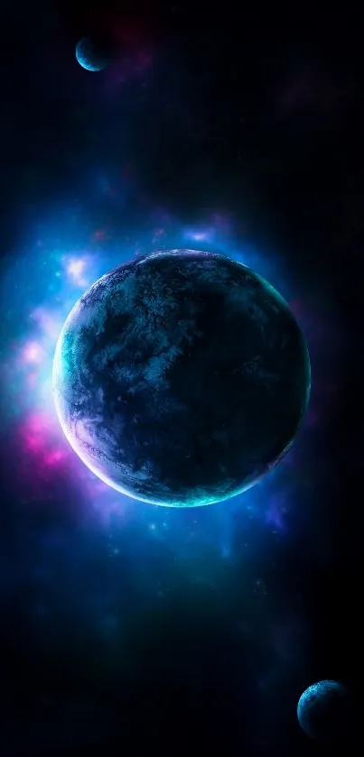 Dark blue cosmic planet wallpaper with vibrant nebulous glow.