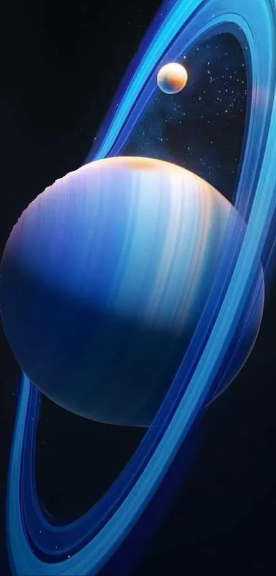 Beautiful blue planet with glowing rings in space-themed mobile wallpaper.