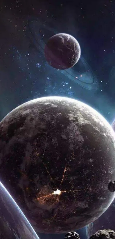 Wallpaper featuring planets and stars in a cosmic space scene.