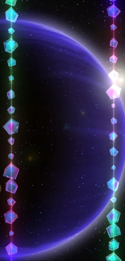 Dark blue planet in space with stars in the background.