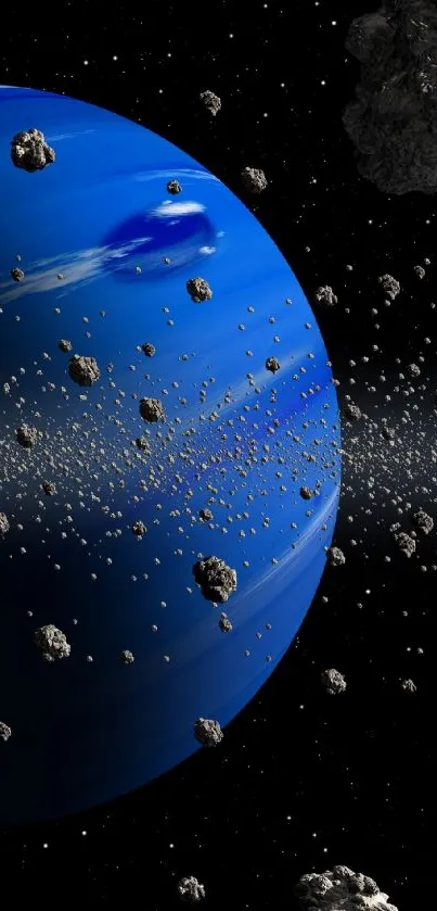 Vibrant blue planet surrounded by asteroids in space wallpaper.