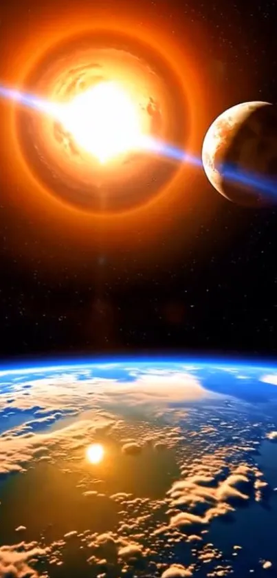 Mobile wallpaper of a vibrant space scene with planets and a glowing star.