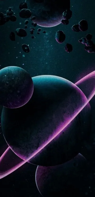 Dark cosmic wallpaper with planets and rings.