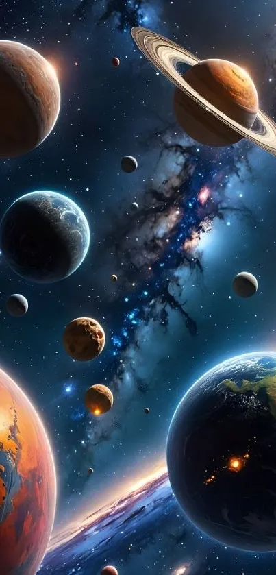 Colorful space wallpaper with planets and stars in a cosmic scene.