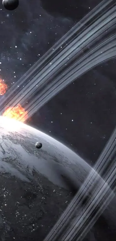 Planet with rings and glowing explosions in space.