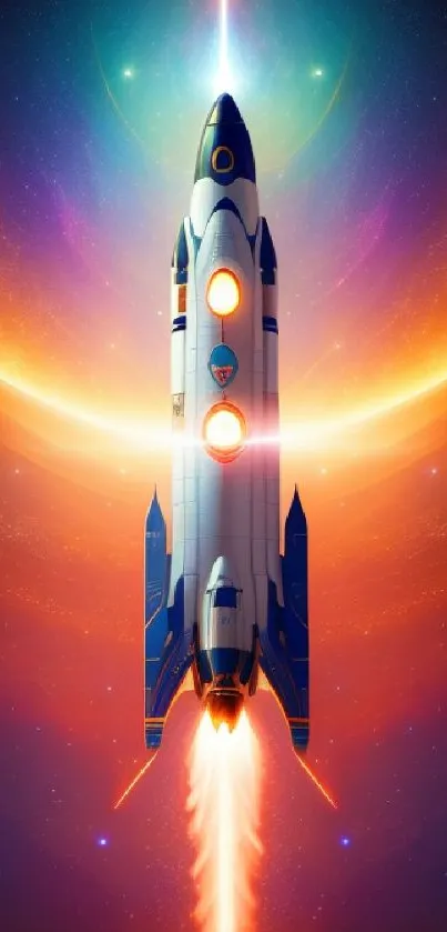 Vibrant rocket launching into space, set against a glowing orange and blue galaxy.