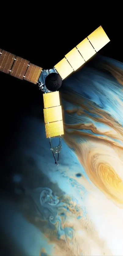 Satellite orbiting a colorful planet with swirling patterns.