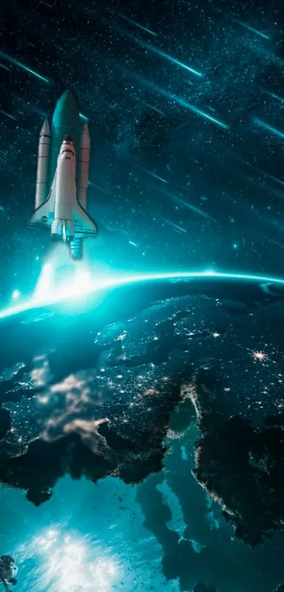 Space shuttle launching above Earth with glowing stars and teal cosmic hues.