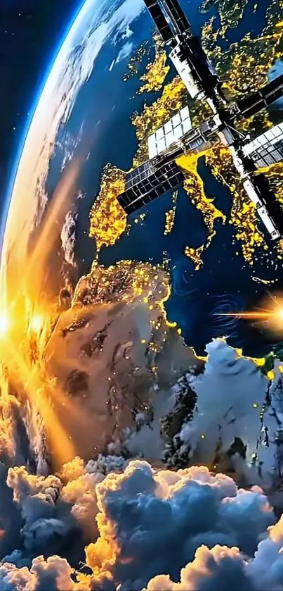 Earth and space station with sunrise in vibrant colors