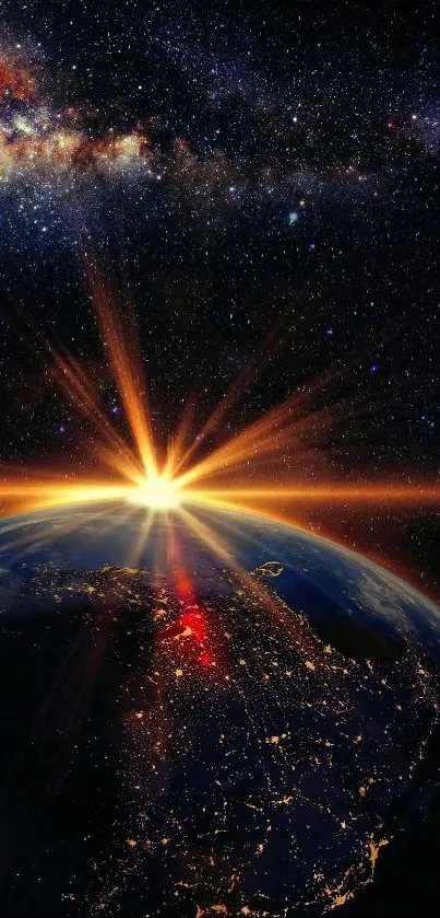 Breathtaking sunrise over Earth from space, vibrant galaxy overhead.