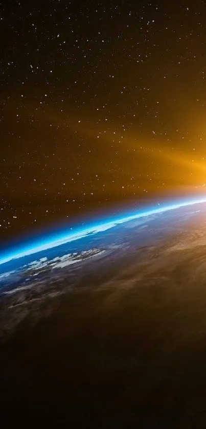 A stunning sunrise over Earth from space with vibrant sun flares.