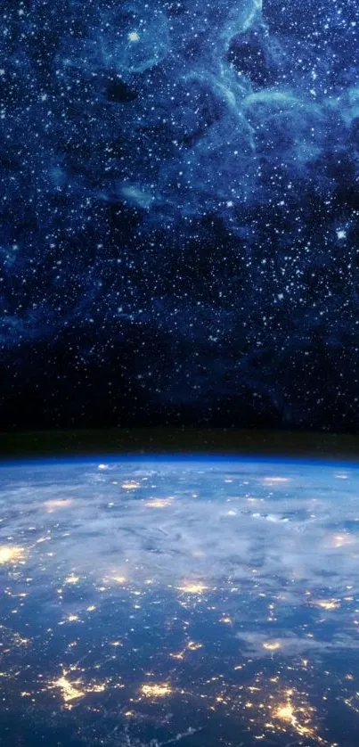 Breathtaking view of Earth from space with starry night sky.