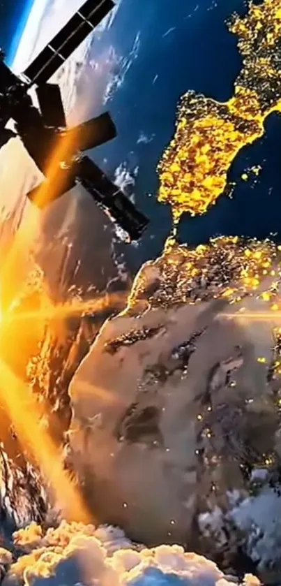 Satellite view of Earth at night with glowing city lights and a dazzling sunrise.