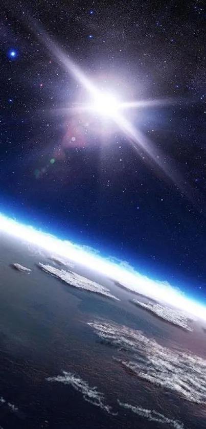 Distant star shining over Earth from space.