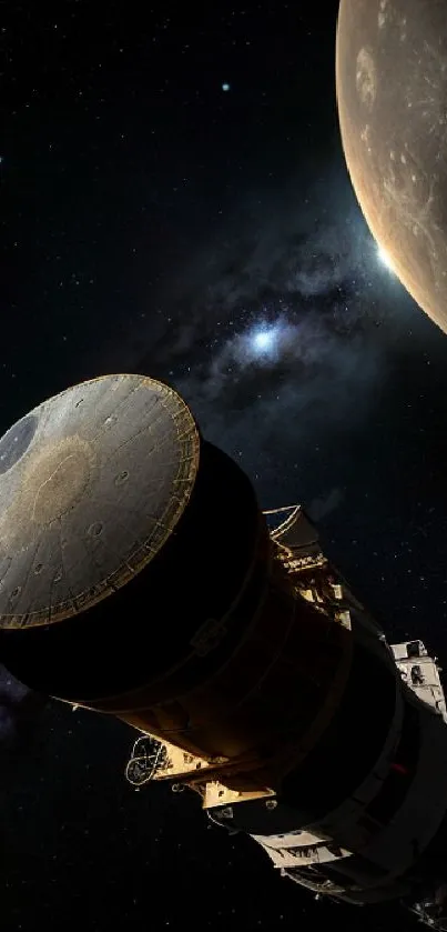 Spacecraft navigating around a planet with a cosmic backdrop.