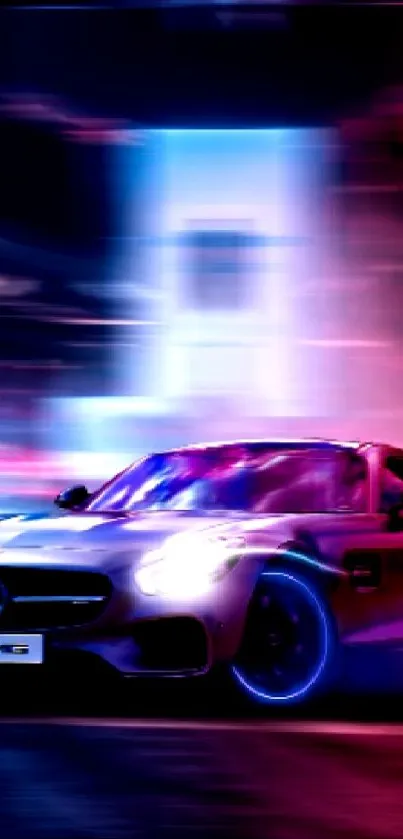 Car speeding through vibrant neon colors at night.