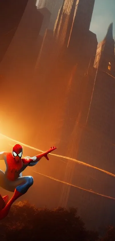 Spider-Man swinging through a vibrant cityscape at dawn.