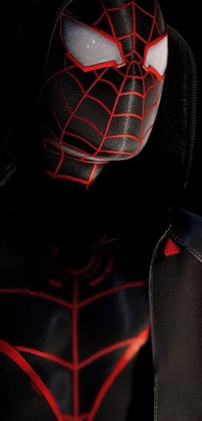 Spider-Man in a sleek suit with red accents on a dark background.