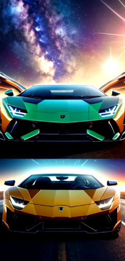 Luxury sports car driving under a galaxy sky.